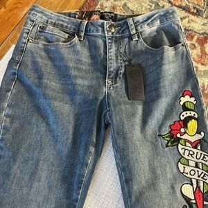 Ed Hardy Fit and Flare Multi Color Embroidery Blue Jeans Love Eternal Size 30